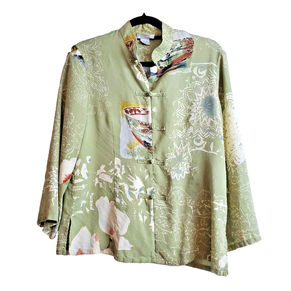 ARIA A Womens Large Top 100% Silk Asian Print Button Front Long Sleeve Green